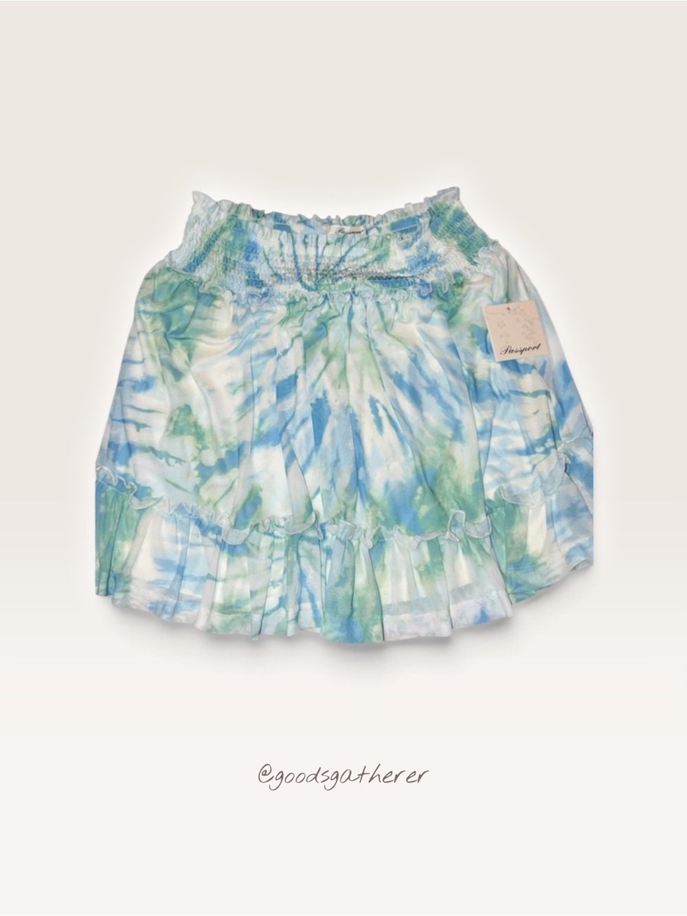 Passport Ruffle Mini Skirt L Blue Green Watercolor Smocked Y2K Fairy Coastal